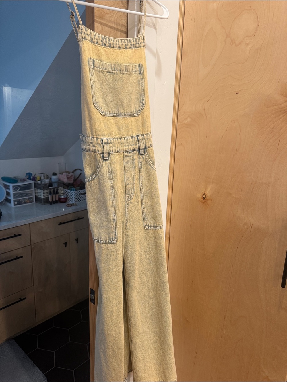 Light Yellow Denim Overall Jumpsuit with Patch Pockets
